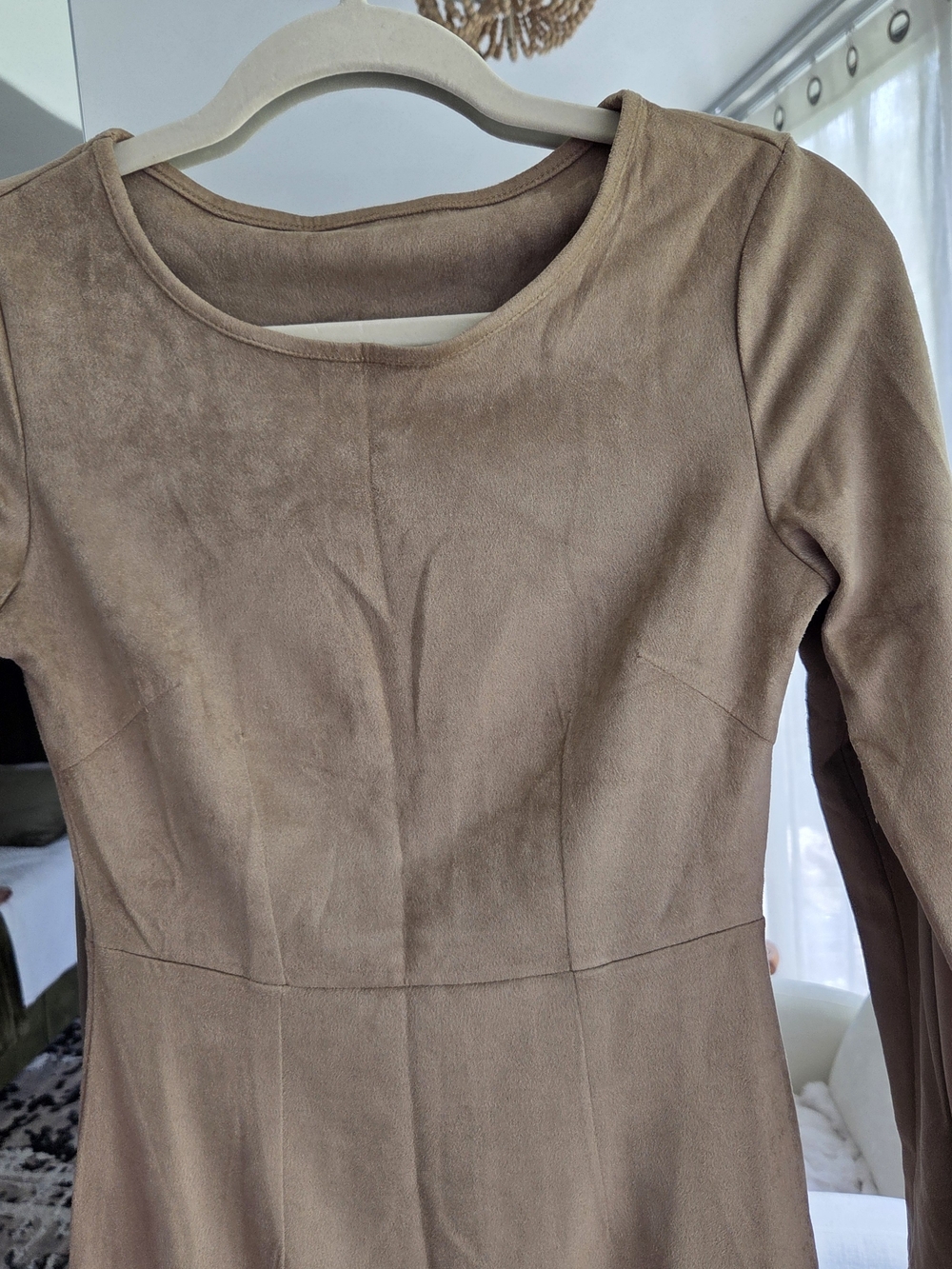 Women's Long Sleeve Faux Suede Sheath Dress in Camel - Picture 2 of 5